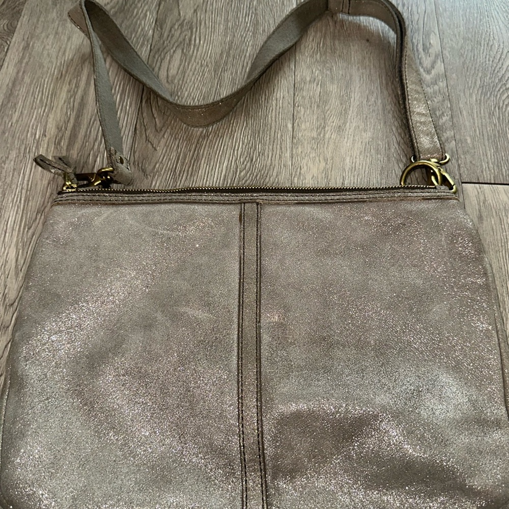 Fossil Erin Glitter Gray Convertible Genuine Leather Top Handle Satchel Purse